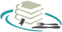 a stack of books sitting next to a fork and knife