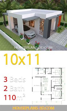 two story house plan with 3 bedroom and 2 bathrooms in the front, one car garage on