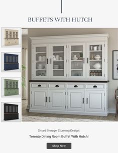 an advertisement for buffets with hutch in different colors and sizes, including black and white