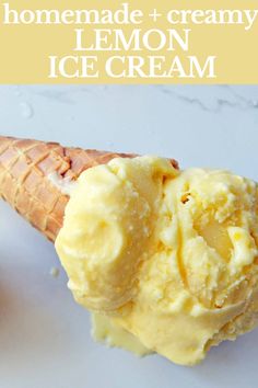 homemade and creamy lemon ice cream in a cone on a white plate with text overlay