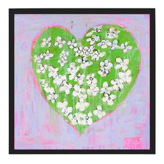 a painting of a green heart with white flowers in the center on a purple background