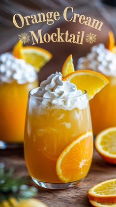 orange cream mocko cocktail with whipped cream on top and sliced oranges in the background