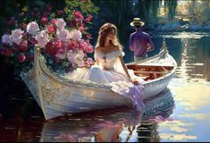 a painting of a man and woman sitting on a boat in the water with flowers