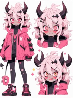 an anime character with horns and pink hair, wearing black boots and a pink jacket