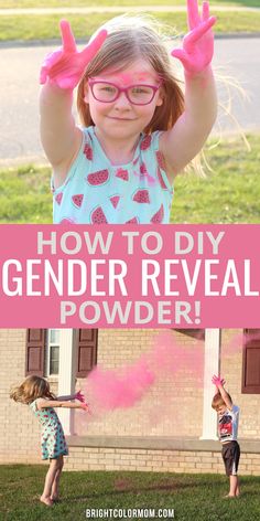 two girls with pink powder on their hands and the words how to diy gender reveal powder