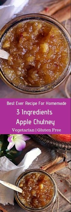 two jars filled with apple chutney sitting on top of a wooden table