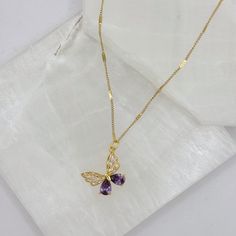 18K gold stainless steel necklace Purple Crystal Necklace, Fuchsia Necklace, Lavender Necklace, Butterfly Purple, Spiritual Necklace, Gemstone Earrings Gold, Jade Earrings, Purple Crystal, Jade Bracelet