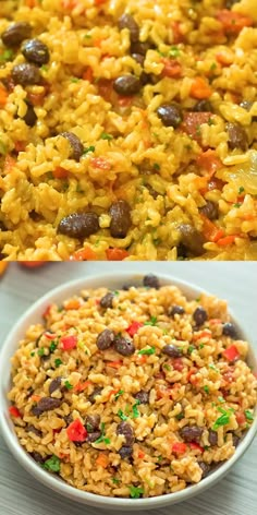 two pictures showing different types of rice and beans