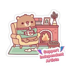 a brown bear sitting in a chair next to a fire place with a cup on it