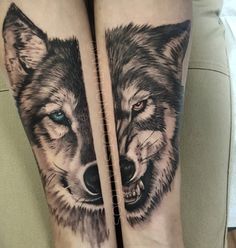 two wolf tattoos on both legs with blue eyes