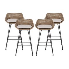 three wicker bar stools with white cushions