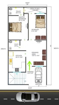 a car is parked in front of a floor plan for a house with an attached garage