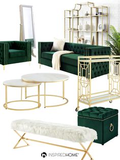 a living room with green velvet furniture and gold accents