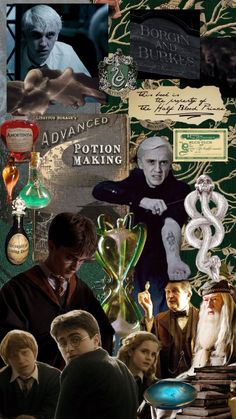 collage of harry potter images and other items