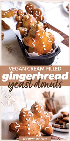 the recipe for vegan cream - filled gingerbread yeast donuts is shown here