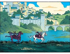 an image of two people riding horses in front of a castle and river with bridge