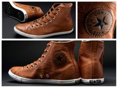 Converse - Chuck Taylor All Star Slim Hi tops, Brown Leather Slimline Sole...I Need These! Converse Leather Shoes, Converse Leather, Converse Boots, Ways To Lace Shoes, Leather Converse, Jack Purcell, Trainers Shoes, Mens Boots Fashion, Brown Shoes