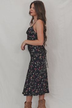 Midnight plum floral sleeveless, cross-back satin midi dress Material is Viscose Hang to dry SHOP THE LOOK Small Medium Large Length 42.5" 43.5" 44.5" Bust 15" 16" 17" Wedding Guest Romper, Party Bottoms, Amazing Lace, Satin Midi Dress, Floral Sleeveless, Maxi Dress Party, Romper Dress, Western Dresses, Babydoll Dress