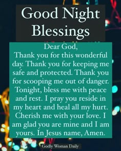 a card with the words good night blessing written on it and lights in the background