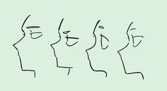 three faces are drawn in black and white on a light green background with the words,