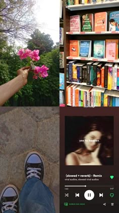 two pictures one with books and the other with flowers in front of a book shelf