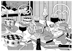 a black and white drawing of a dining room table with wine glasses, food and utensils on it