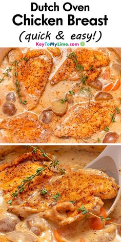 chicken breast in cream sauce with potatoes and carrots on the side next to an image of