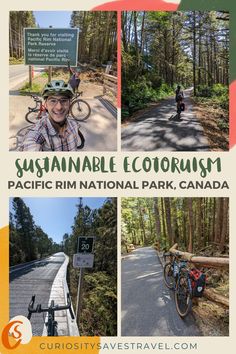 an advertisement for the national park, with photos of people on bikes and trees in the background