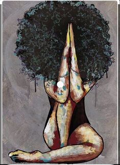 a painting of a naked woman with an afro hairstyle sitting in front of a gray background