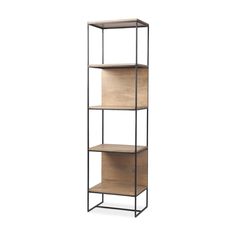 three tiered shelving unit with metal frame and wood shelves on each side, against a white background