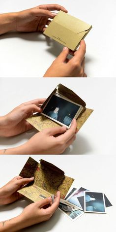 two hands holding an open box with photos inside it and another hand opening the lid