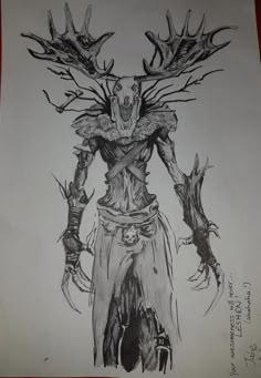 a drawing of a demon with horns on his head and hands in front of him