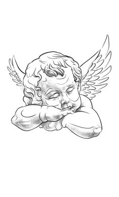 a drawing of an angel with its head resting on his hands and looking down at the ground