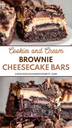 cookies and cream brownie cheesecake bars stacked on top of each other with the words cookie