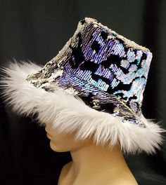 Sequin Reversible Whitefaux Fur Bucket Hat / Shag Hat / - Etsy Cheap Vintage Hats For Festivals, Winter Party Top Hat With Short Brim, Winter Party Top Hat With Curved Brim, Winter Party Hats With Short Brim, Winter Party Fedora Costume Hat, Wide Brim Winter Party Hat, Winter Party Costume Hat With Curved Brim, High Crown Hats For Winter Party, Winter Party Hat With High Crown