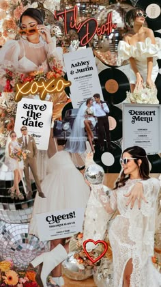 a collage of wedding photos with the bride and groom surrounded by record records, signs, and other items