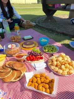 a woman sitting at a picnic table filled with food