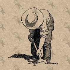 a drawing of a man bending over to pick up something from the ground with a shovel