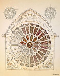 an architectural drawing of a large window with intricate designs on the outside and inside windows