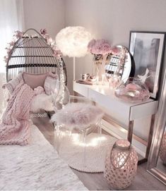 fluffy white rug, pink knitted throw, flower fairylights, decorative lantern, candle holder, swing chair, white swing chair, clear plastic chair, white console table, round mirror Pink Bedroom Decor, Living Wall Decor, Cute Bedroom, Makeover Bedroom, Dream Room Inspiration, Pink Room