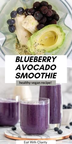 blueberry avocado smoothie in a blender with the text overlay