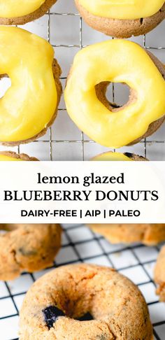 lemon glazed blueberry donuts on a cooling rack