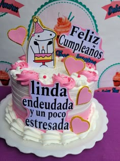 a birthday cake decorated with pink and white frosting