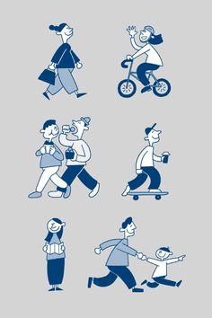 an image of people riding skateboards and walking on the street in different positions, with one person running