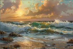 an oil painting of waves crashing on the beach at sunset with clouds in the sky