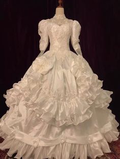 Luxury Antique White Modest Wedding Dress With Floral Satin - Vintage Lace Wedding Dress - Plus Size - WonderlandByLilian Beaded Ball Gown, Antique Wedding Dresses, Victorian Wedding Dress, Nontraditional Wedding Dress, Vintage Lace Weddings, Beaded Ball, Lace Wedding Dress Vintage, Victorian Wedding, Queen Dress