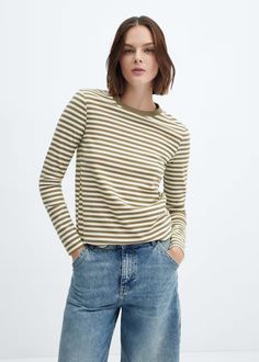 Striped long sleeves t-shirt - Women | Mango USA Striped Shirt Women, Turtleneck T Shirt, Striped Long Sleeve Shirt, Knitted Tshirt, Striped Tee, Striped Long Sleeve, Casual T Shirts, Striped Shirt, Shirts For Girls