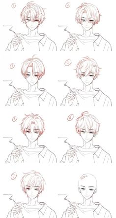 how to draw an anime character's face with different expressions and hair styles, including the