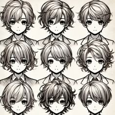 an anime character's head with different hair styles and facial expressions, all in black and white