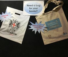 three bags with stickers on them sitting next to each other and one has a bag for your books?